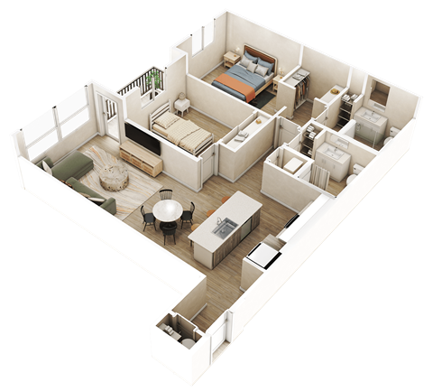 A 3D image of a modern apartment layout.
